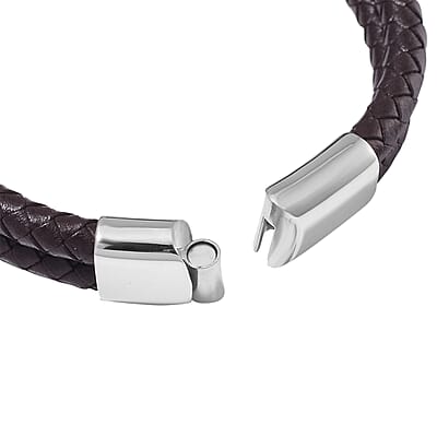 Terahertz and Leather Cord Men's Bracelet in Stainless Steel (8.50 In) 100.00 ctw