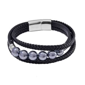 Terahertz Beaded and Leather Cord Men's Bracelet in Stainless Steel (8.50 In) 50.00 ctw