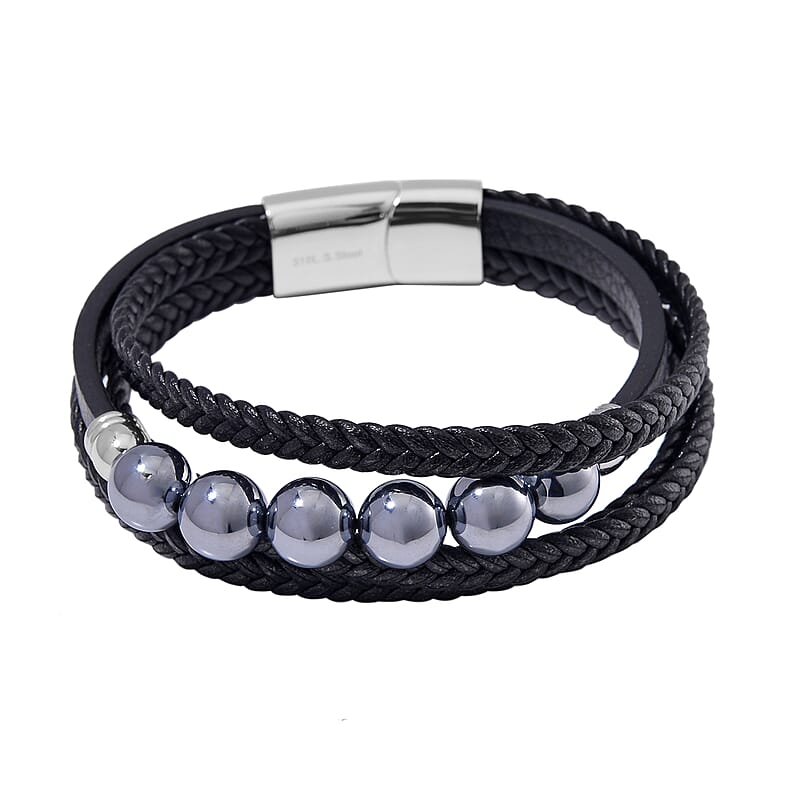 Terahertz Beaded and Leather Cord Men's Bracelet 50.00 ctw
