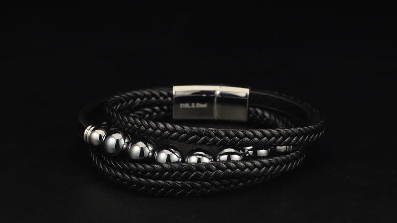 Terahertz Beaded and Leather Cord Men's Bracelet 50.00 ctw