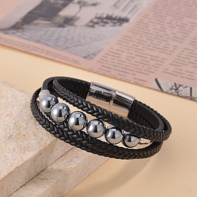 Terahertz Beaded and Leather Cord Men's Bracelet 50.00 ctw