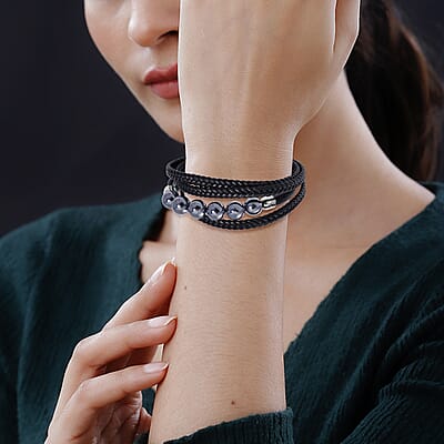Terahertz Beaded and Leather Cord Men's Bracelet 50.00 ctw