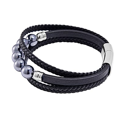 Terahertz Beaded and Leather Cord Men's Bracelet 50.00 ctw