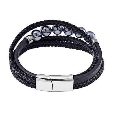 Terahertz Beaded and Leather Cord Men's Bracelet 50.00 ctw