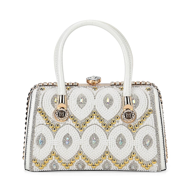 Miggie D Silver Crystal and Pearl Faux Leather Tote Bag with Handle Drop