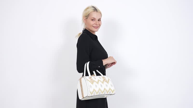 Silver Crystal and Pearl Faux Leather Tote Bag (12.2"X5.3"x7") with Handle Drop (6.5")