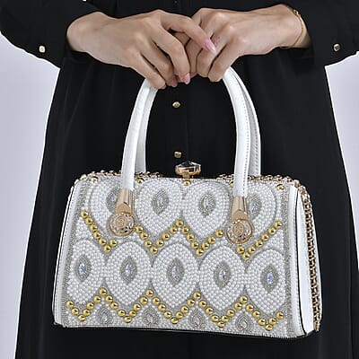 Miggie D Silver Crystal and Pearl Faux Leather Tote Bag with Handle Drop