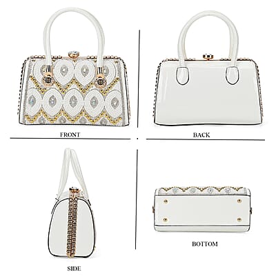 Miggie D Silver Crystal and Pearl Faux Leather Tote Bag with Handle Drop
