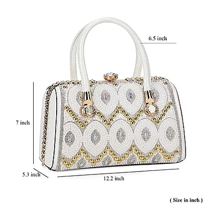Miggie D Silver Crystal and Pearl Faux Leather Tote Bag with Handle Drop