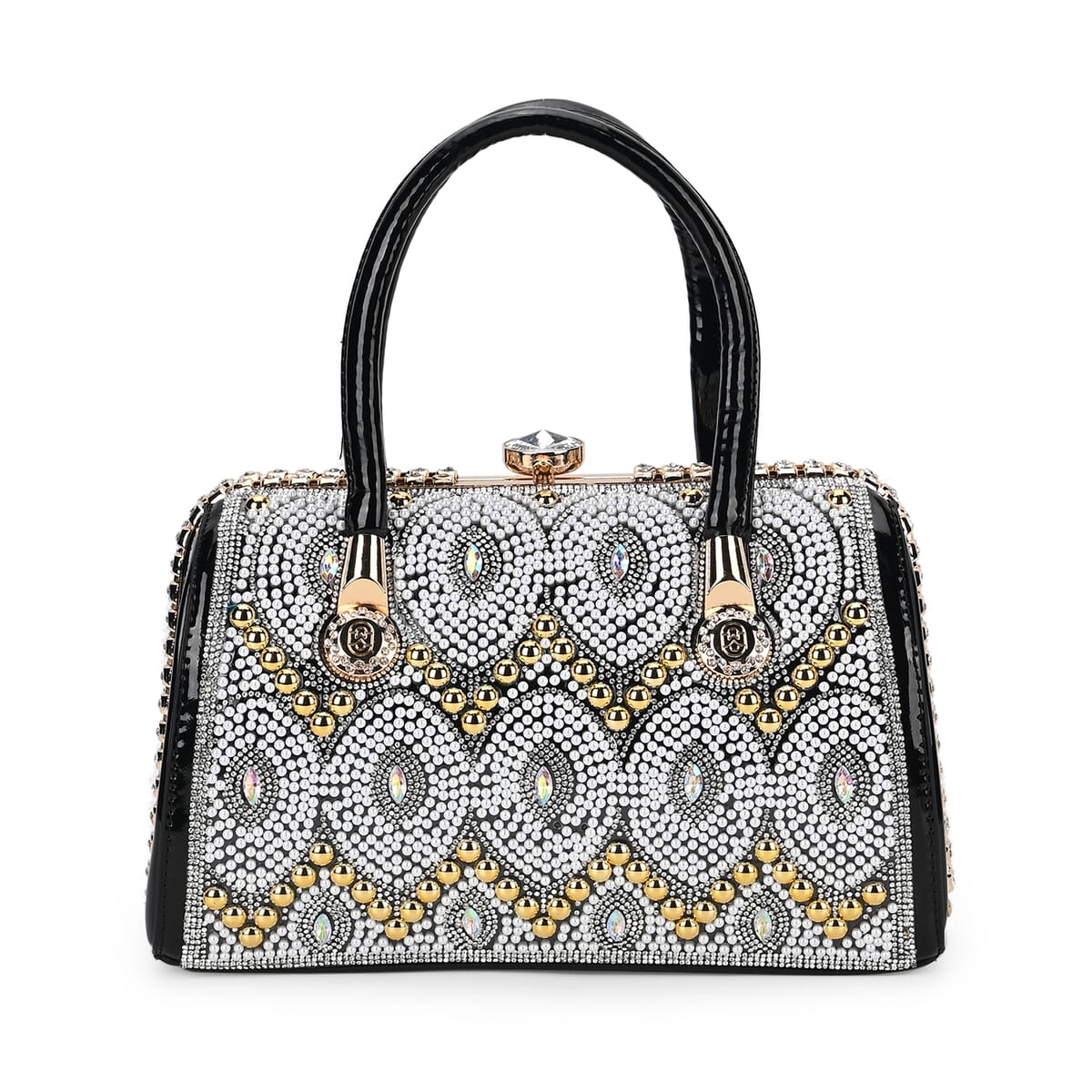 Miggie D Black Crystal and Pearl Faux Leather Tote Bag with Handle Drop image number 0