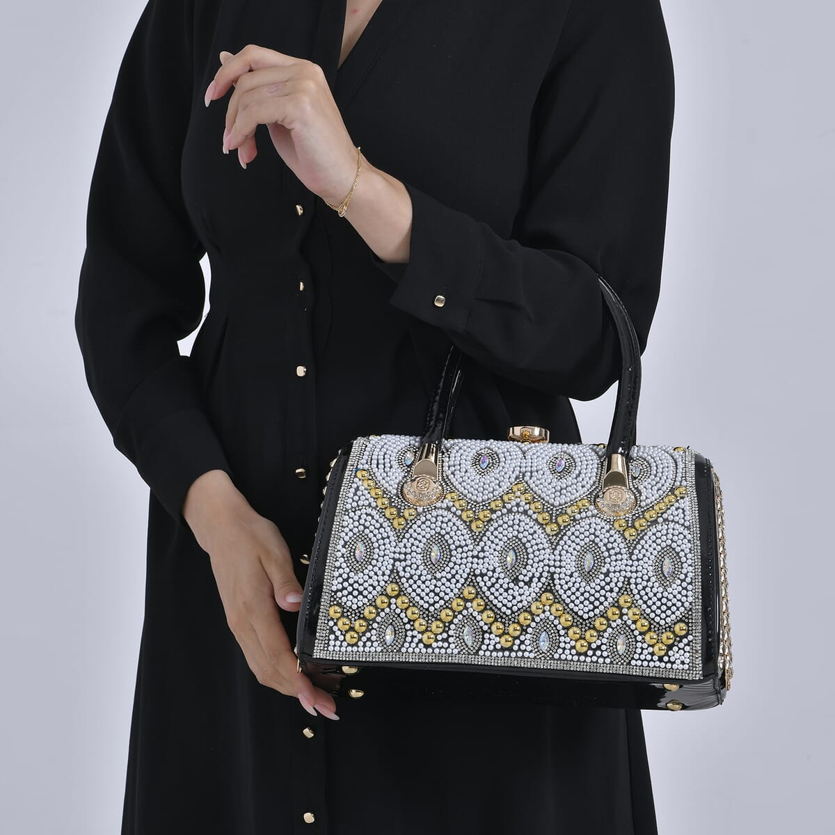 Miggie D Black Crystal and Pearl Faux Leather Tote Bag with Handle Drop image number 2
