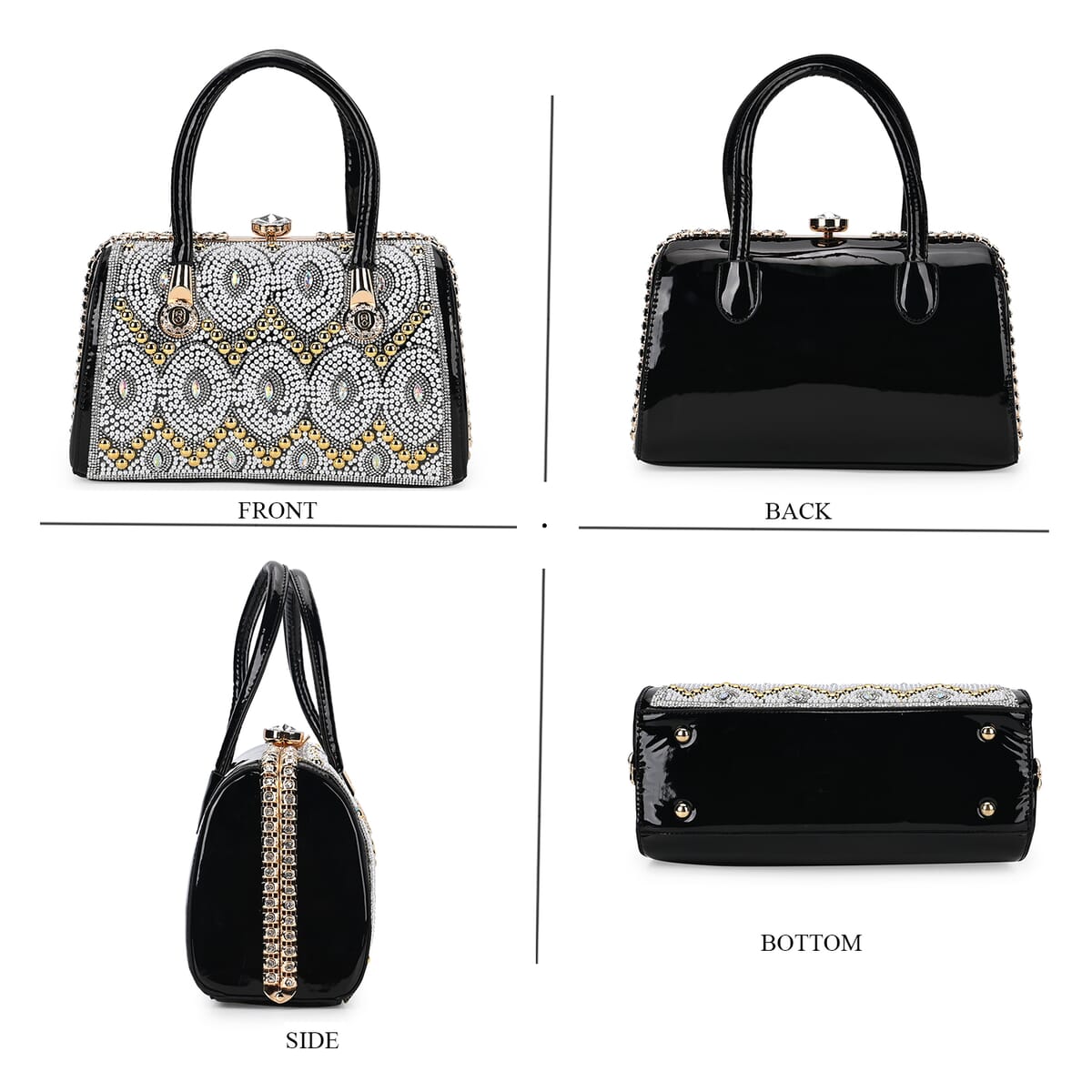 Miggie D Black Crystal and Pearl Faux Leather Tote Bag with Handle Drop image number 3