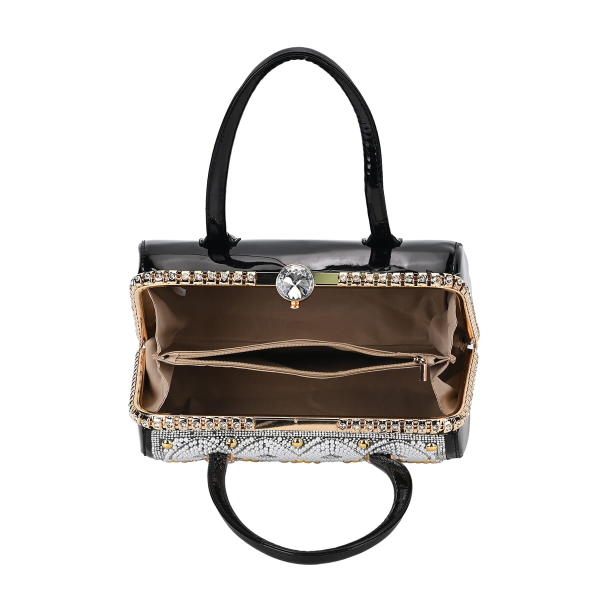 Miggie D Black Crystal and Pearl Faux Leather Tote Bag with Handle Drop image number 4