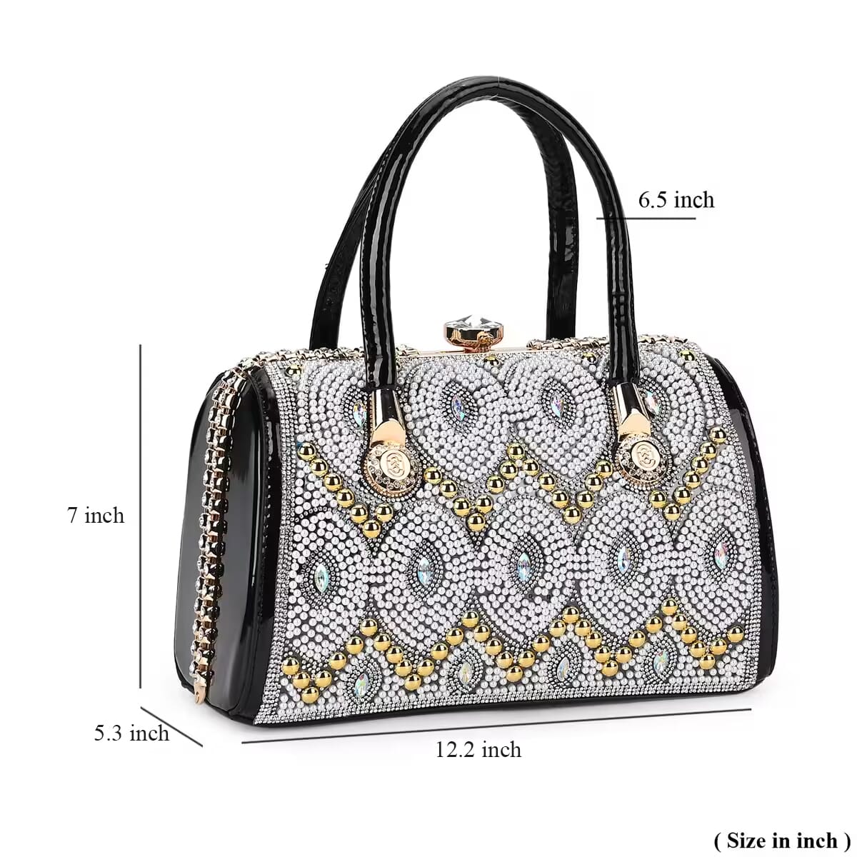 Miggie D Black Crystal and Pearl Faux Leather Tote Bag with Handle Drop image number 5