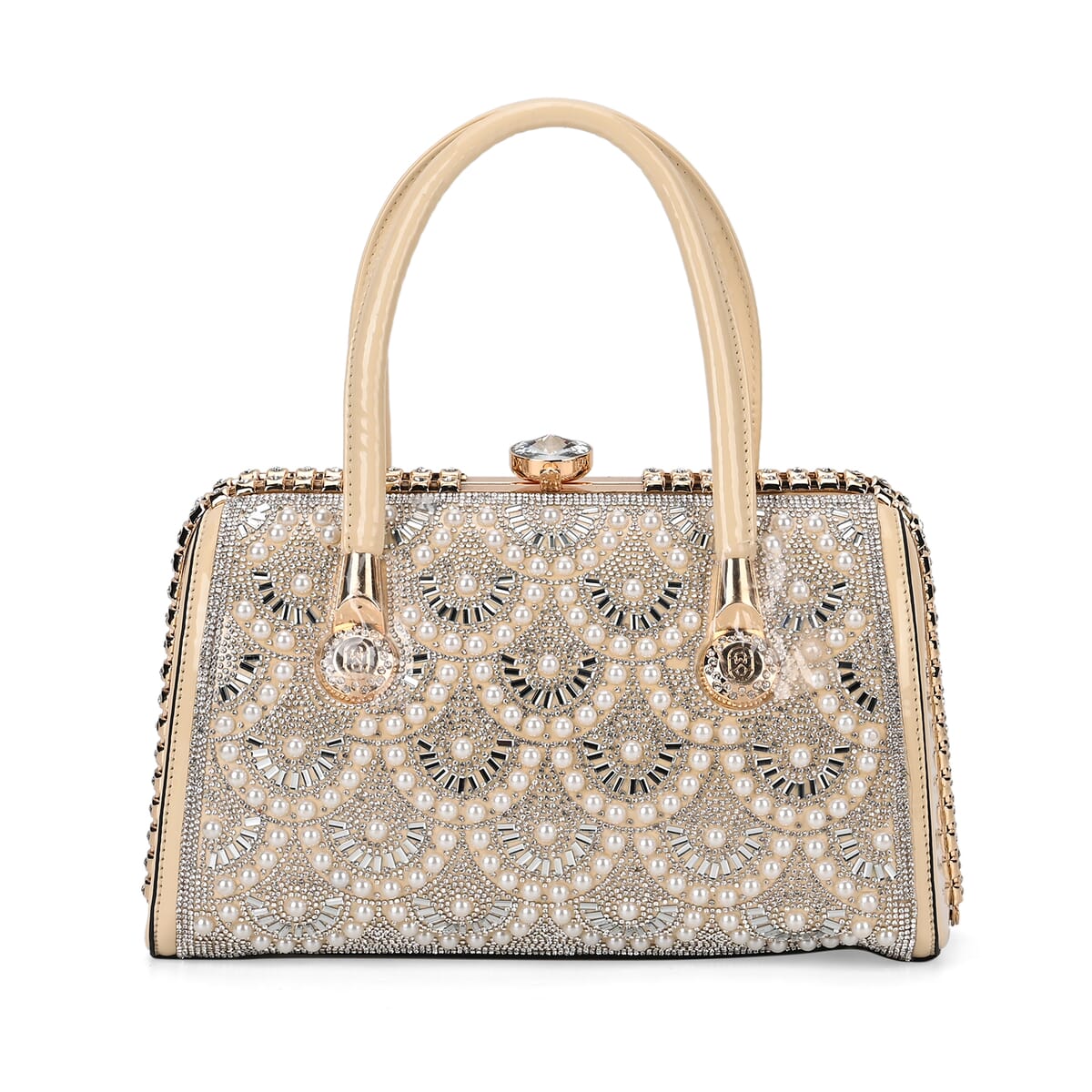 Miggie D Beige Crystal and Pearl Faux Leather Tote Bag with Handle Drop image number 0
