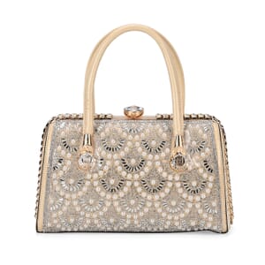 Miggie D Beige Crystal and Pearl Faux Leather Tote Bag with Handle Drop