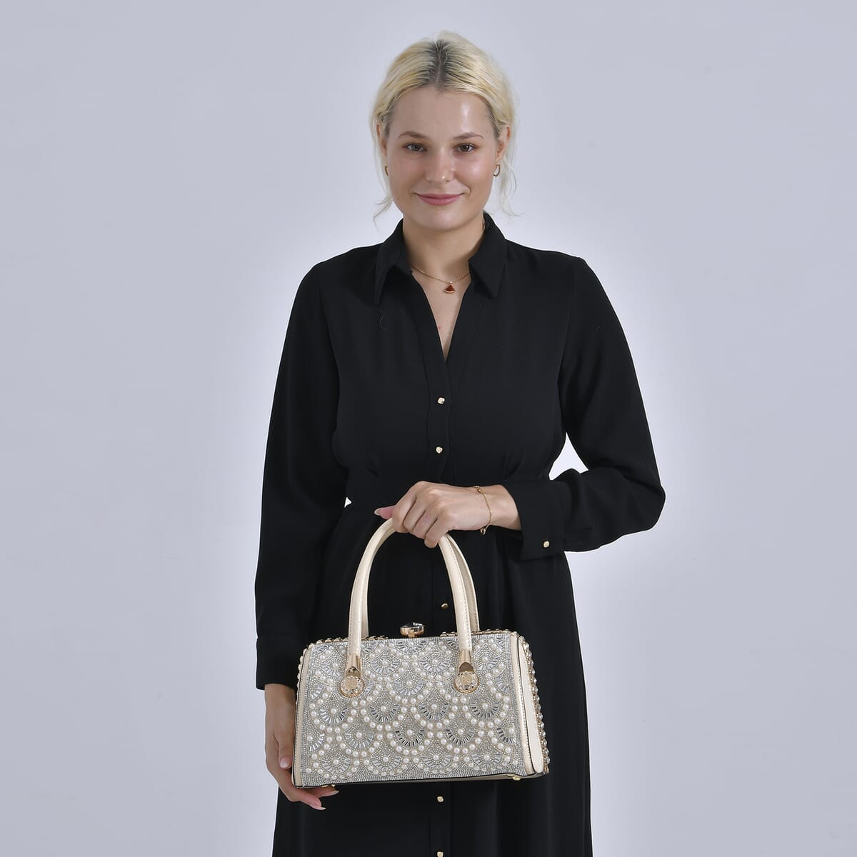 Miggie D Beige Crystal and Pearl Faux Leather Tote Bag with Handle Drop image number 1