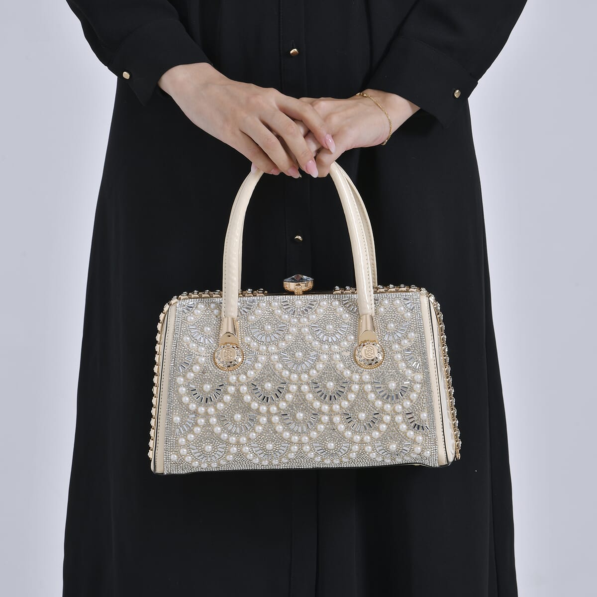 Miggie D Beige Crystal and Pearl Faux Leather Tote Bag with Handle Drop image number 2