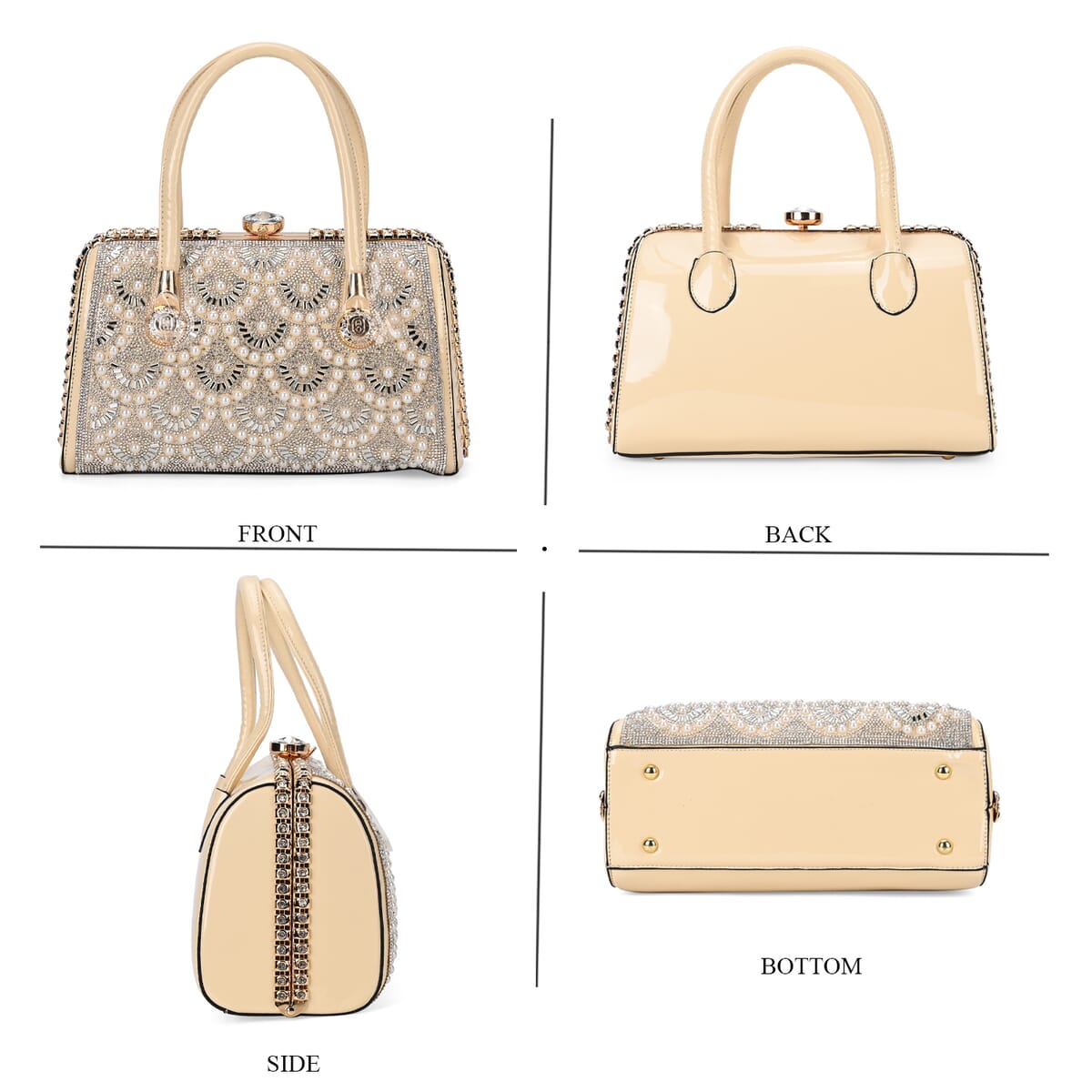 Miggie D Beige Crystal and Pearl Faux Leather Tote Bag with Handle Drop image number 3