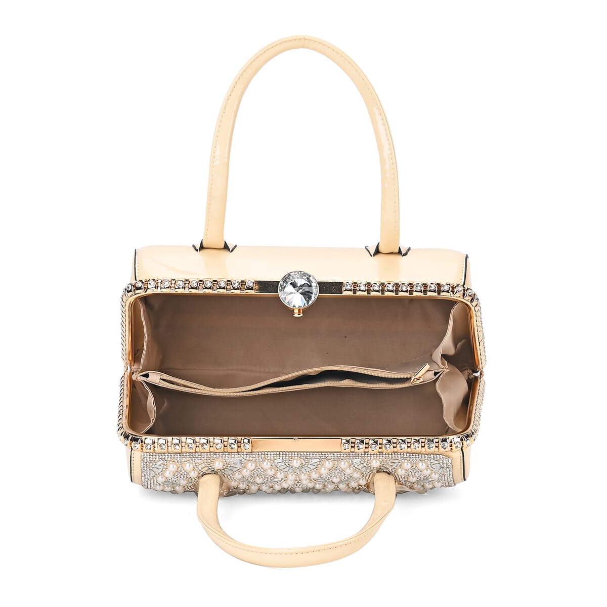 Miggie D Beige Crystal and Pearl Faux Leather Tote Bag with Handle Drop image number 4