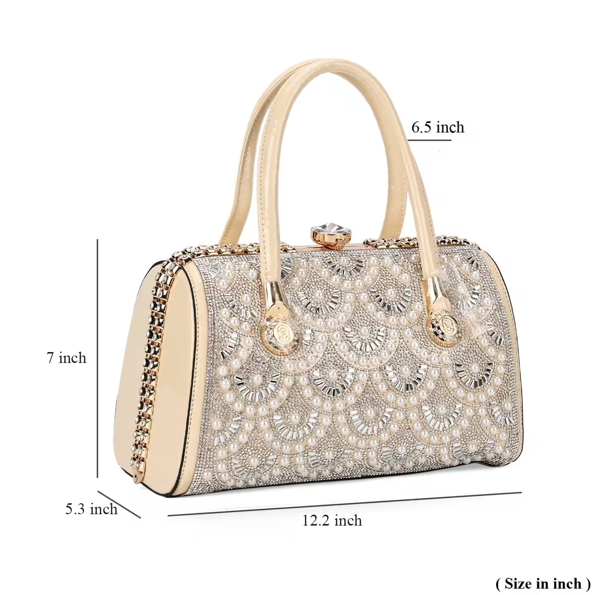 Miggie D Beige Crystal and Pearl Faux Leather Tote Bag with Handle Drop image number 5