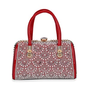 Miggie D Red Crystal and Pearl Faux Leather Tote Bag with Handle Drop