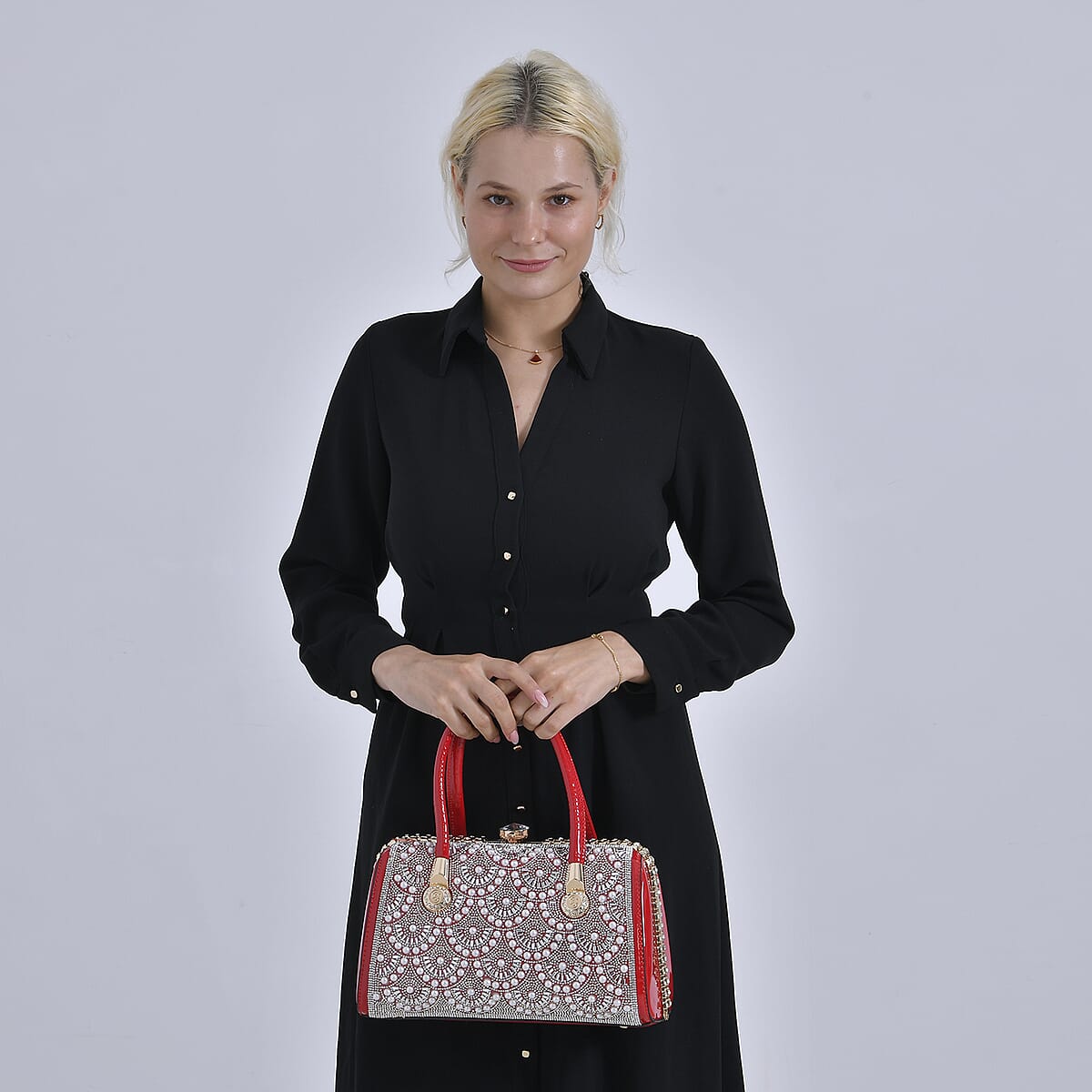 Miggie D Red Crystal and Pearl Faux Leather Tote Bag with Handle Drop image number 1