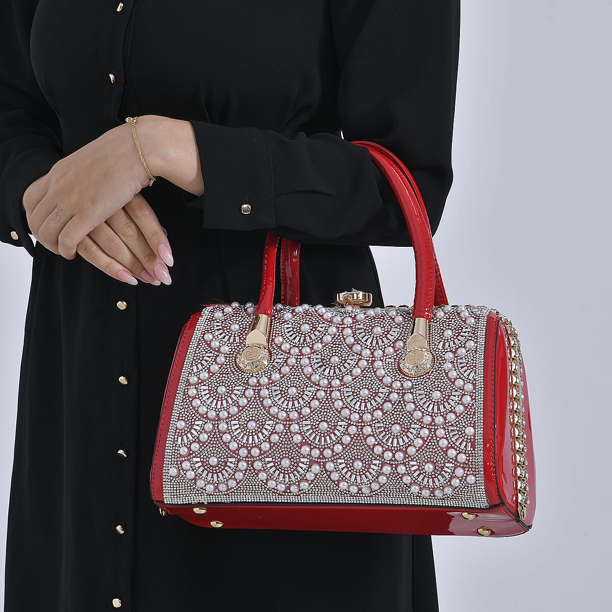 Miggie D Red Crystal and Pearl Faux Leather Tote Bag with Handle Drop image number 2