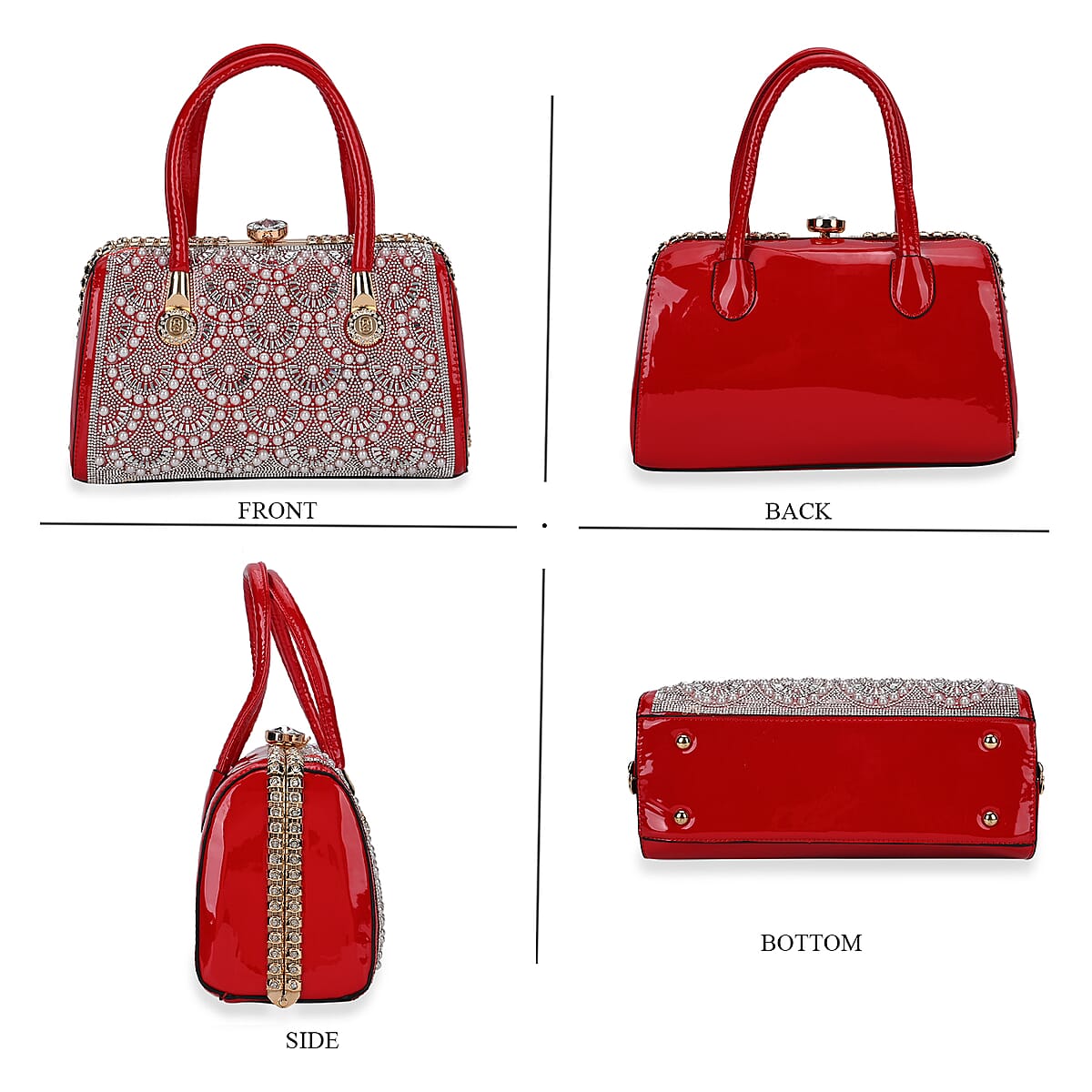 Miggie D Red Crystal and Pearl Faux Leather Tote Bag with Handle Drop image number 3