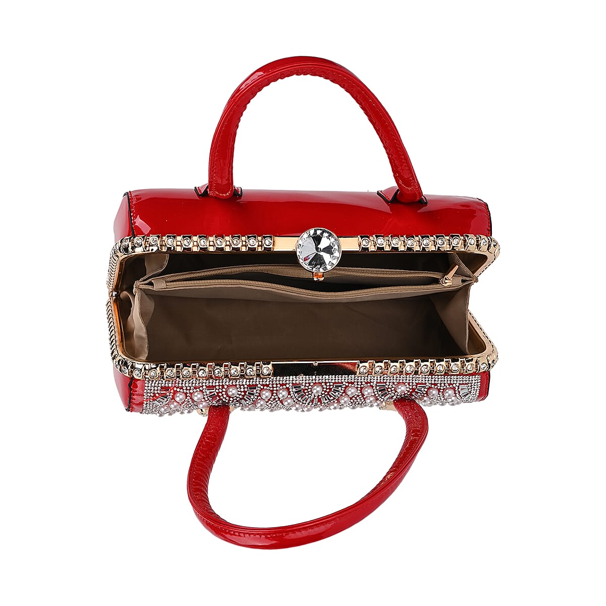 Miggie D Red Crystal and Pearl Faux Leather Tote Bag with Handle Drop image number 4