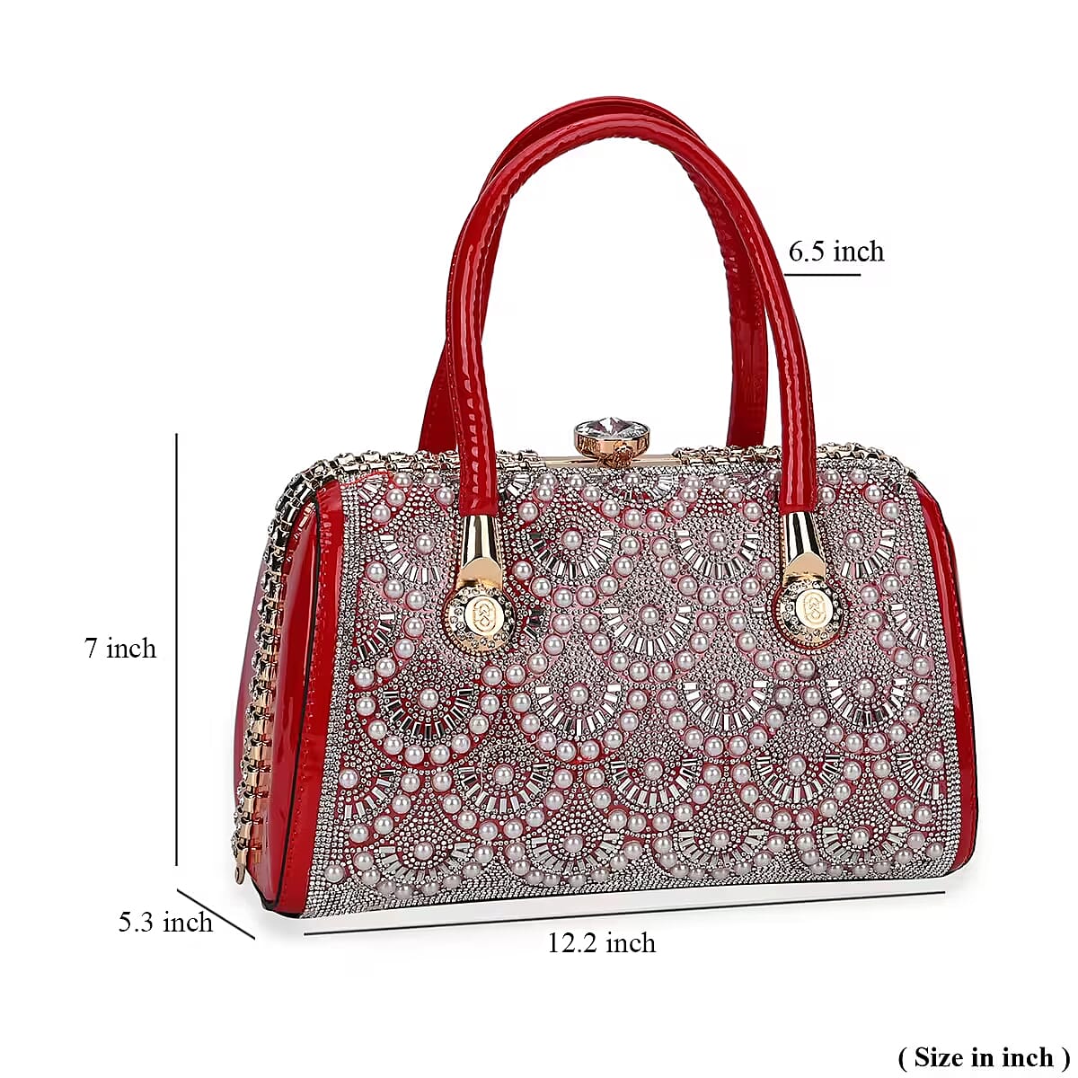Miggie D Red Crystal and Pearl Faux Leather Tote Bag with Handle Drop image number 5