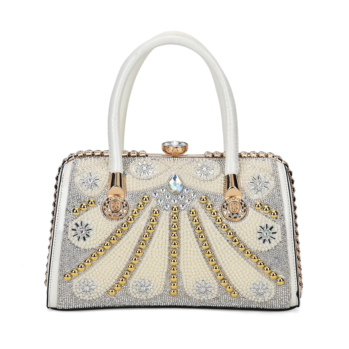 Miggie D White Crystal and Pearl Faux Leather Tote Bag with Handle Drop image number 0