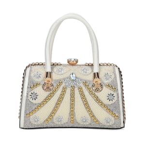 Miggie D White Crystal and Pearl Faux Leather Tote Bag with Handle Drop