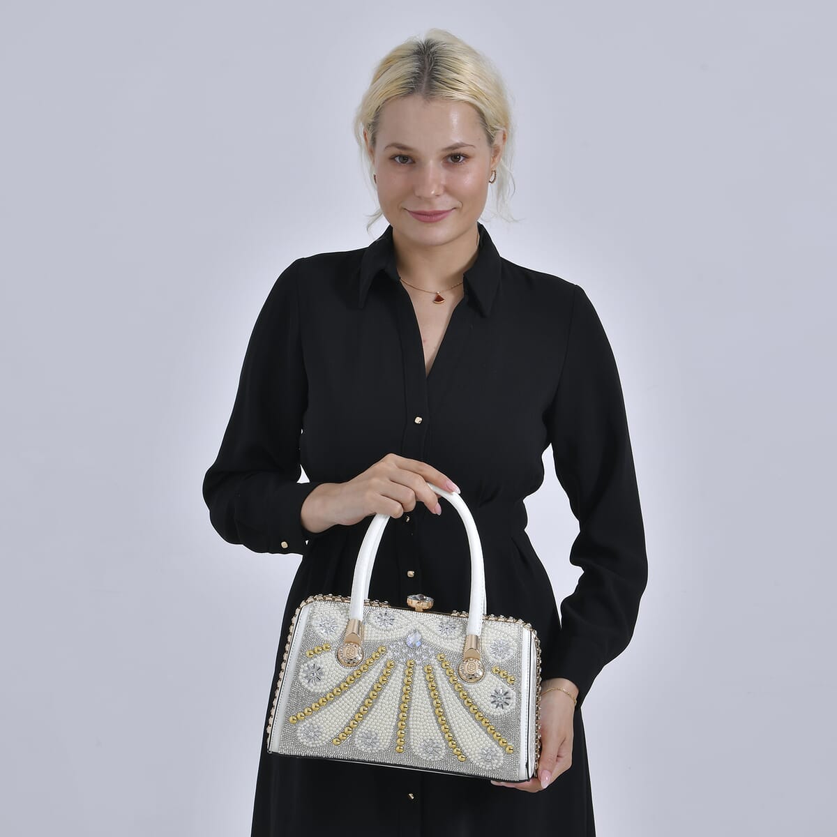 Miggie D White Crystal and Pearl Faux Leather Tote Bag with Handle Drop image number 1