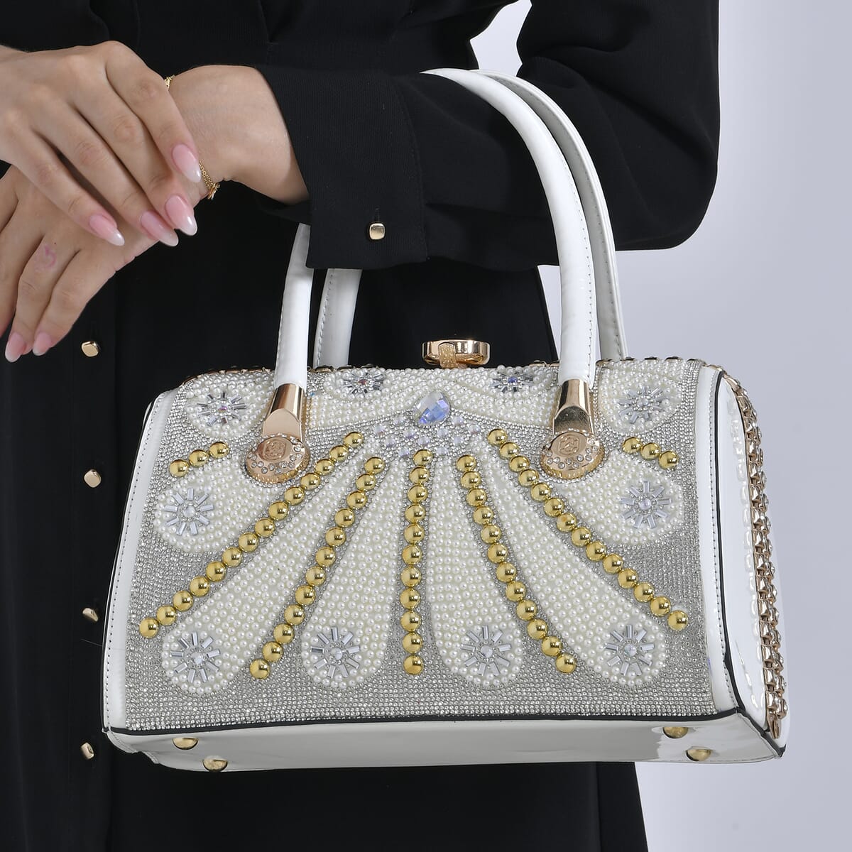 Miggie D White Crystal and Pearl Faux Leather Tote Bag with Handle Drop image number 2