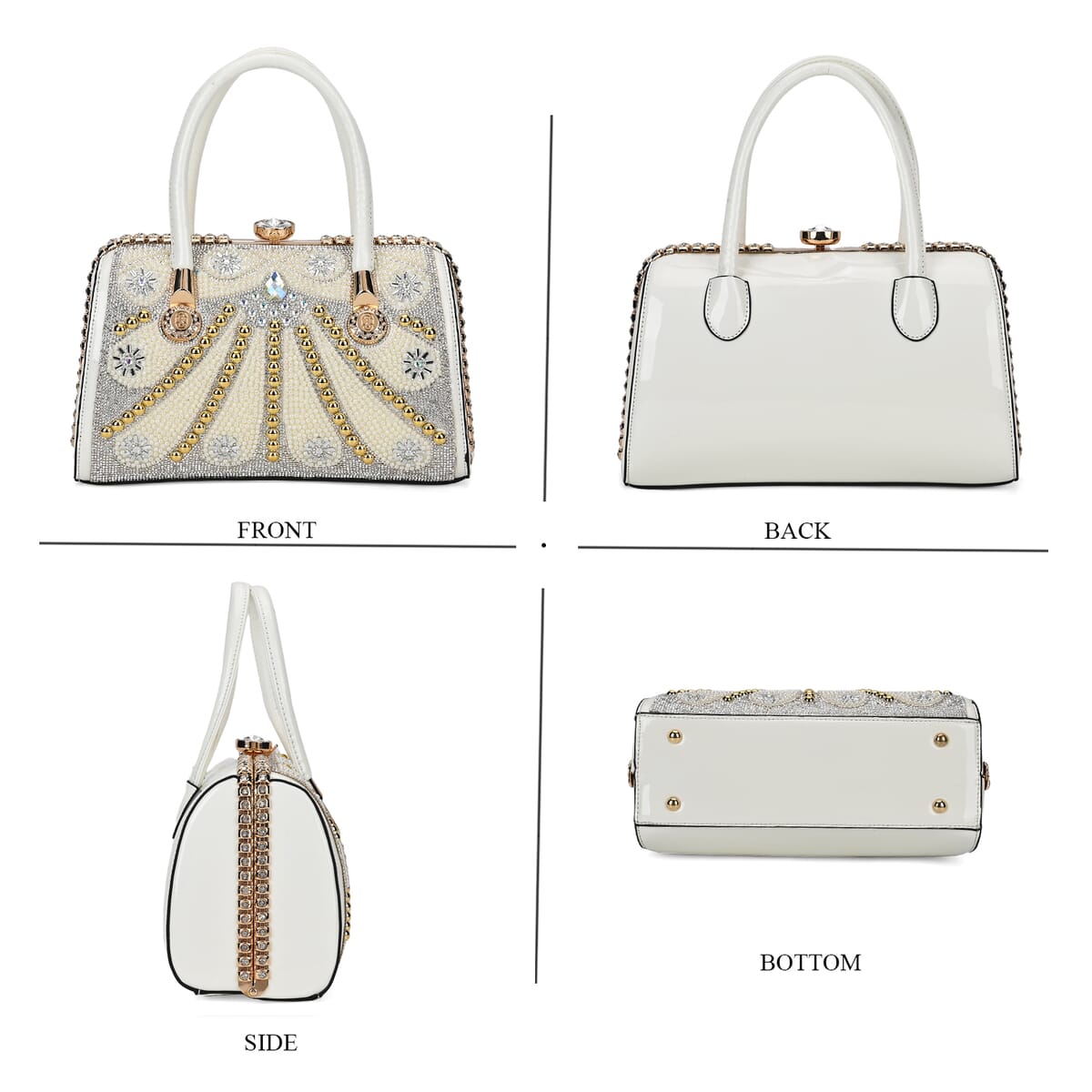 Miggie D White Crystal and Pearl Faux Leather Tote Bag with Handle Drop image number 3