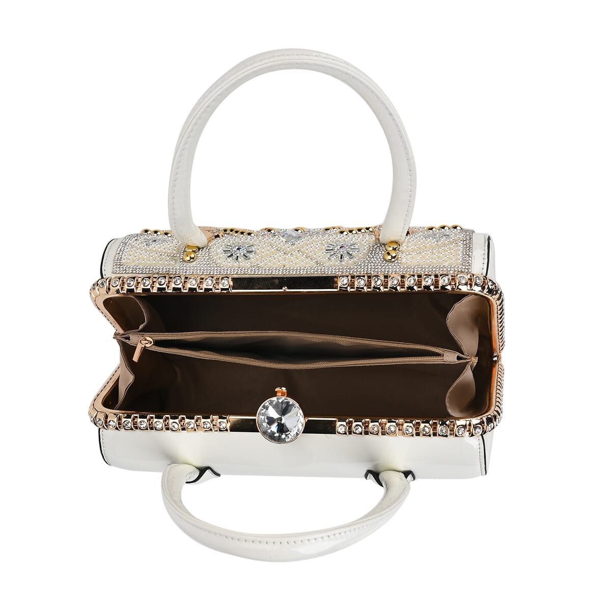 Miggie D White Crystal and Pearl Faux Leather Tote Bag with Handle Drop image number 4