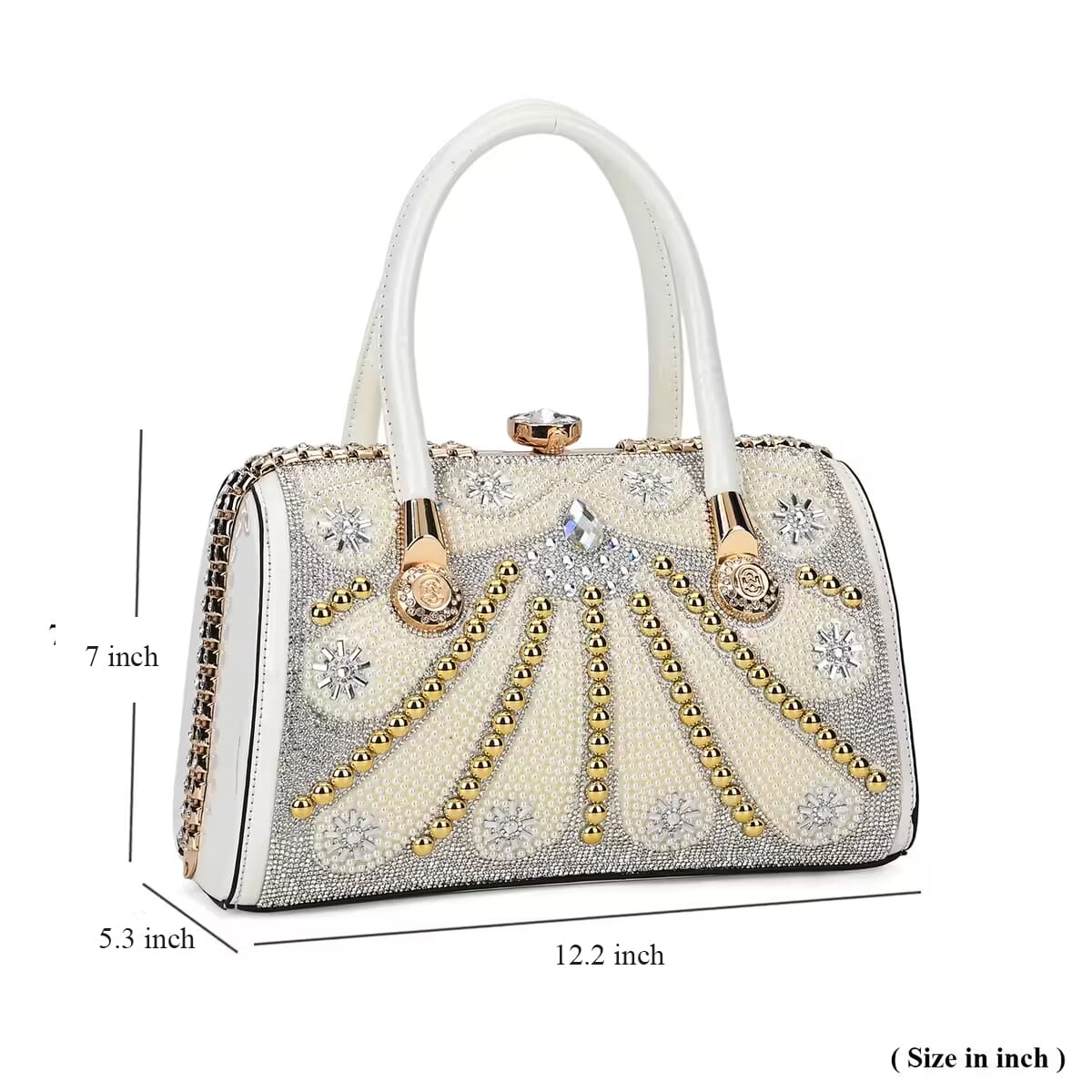 Miggie D White Crystal and Pearl Faux Leather Tote Bag with Handle Drop image number 5
