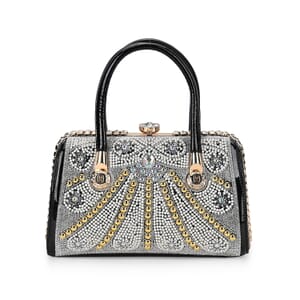 Miggie D Black Crystal and Pearl Faux Leather Tote Bag with Handle Drop