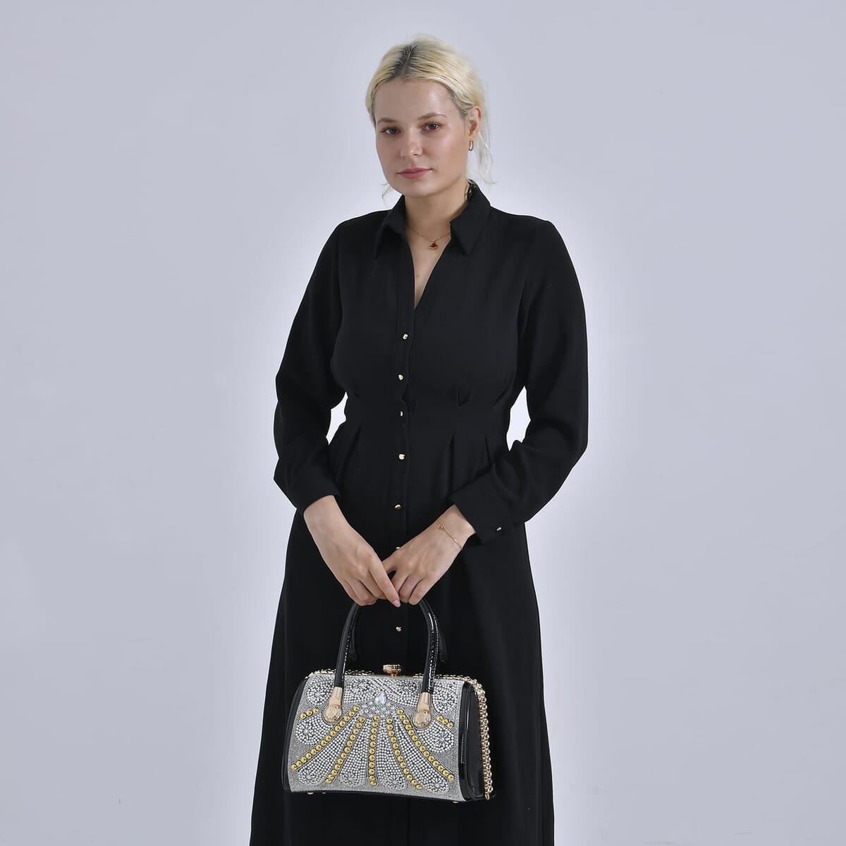 Miggie D Black Crystal and Pearl Faux Leather Tote Bag with Handle Drop image number 1