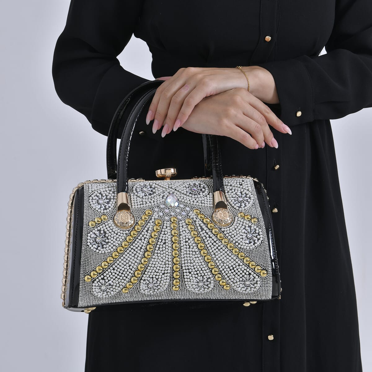 Miggie D Black Crystal and Pearl Faux Leather Tote Bag with Handle Drop image number 2