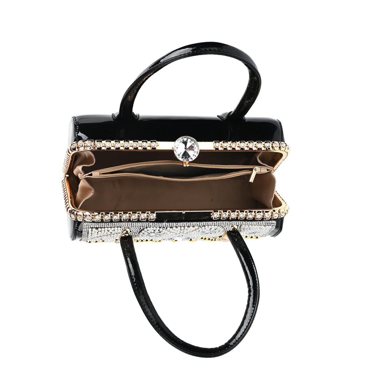 Miggie D Black Crystal and Pearl Faux Leather Tote Bag with Handle Drop image number 4