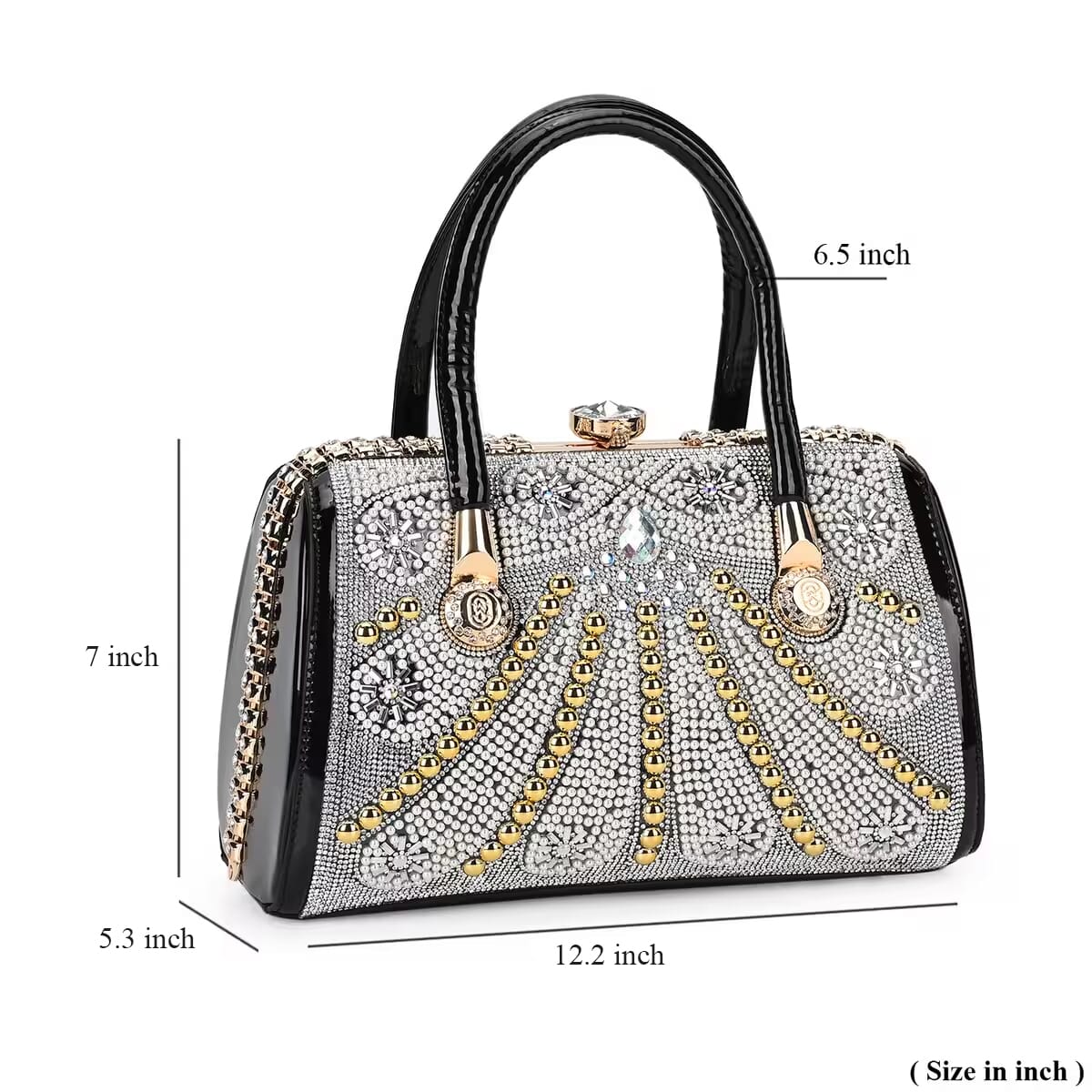Miggie D Black Crystal and Pearl Faux Leather Tote Bag with Handle Drop image number 5