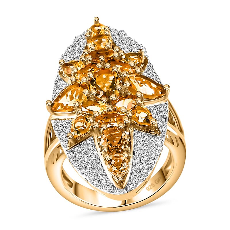 GP Celestial Dream Collection Brazilian Citrine and White Zircon 6.50 ctw Ring in 18K Vermeil Yellow Gold Over Sterling Silver (Size 10.0)