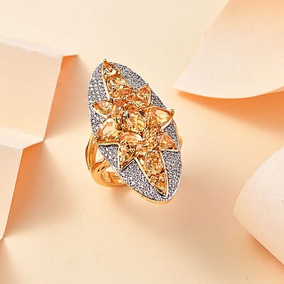 GP Celestial Dream Collection Brazilian Citrine and White Zircon 6.50 ctw Ring in 18K Vermeil Yellow Gold Over Sterling Silver (Size 10.0)