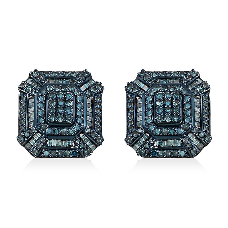 Blue Diamond 1.50 ctw Earrings in Platinum Over Sterling Silver 