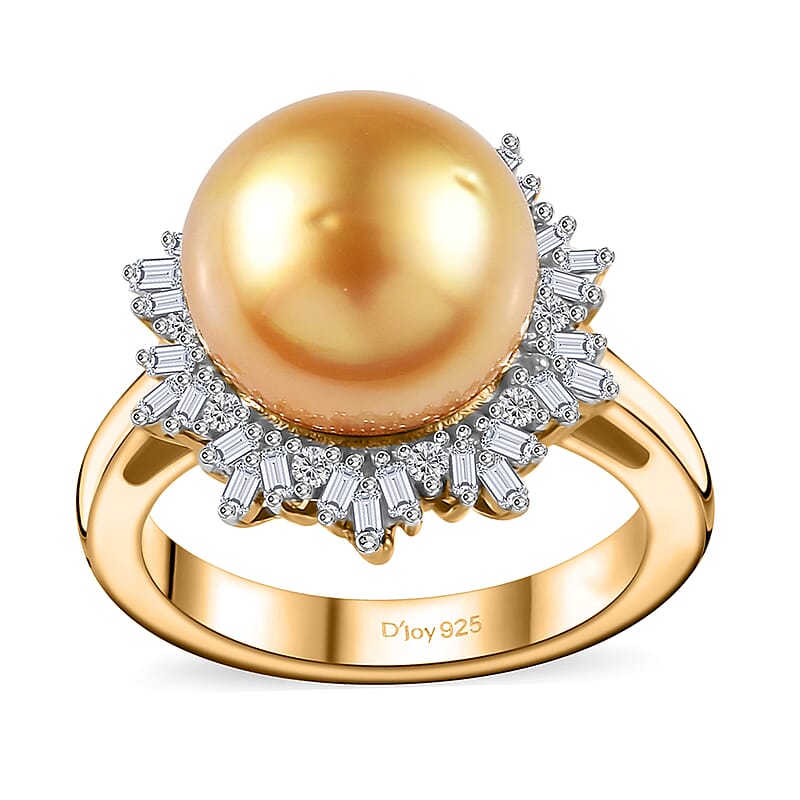 D'Joy South Sea Golden Pearl 9-11mm and Diamond 0.30 ctw Sunburst Ring in 18K Vermeil Yellow Gold Over Sterling Silver (Size 10.0)