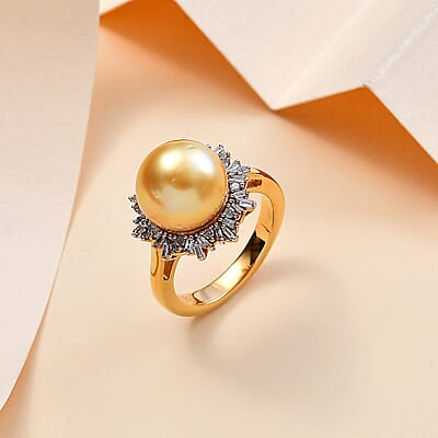 D'Joy South Sea Golden Pearl 9-11mm and Diamond 0.30 ctw Sunburst Ring in 18K Vermeil Yellow Gold Over Sterling Silver (Size 10.0)