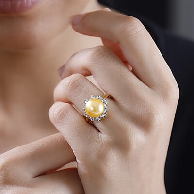 D'Joy South Sea Golden Pearl 9-11mm and Diamond 0.30 ctw Sunburst Ring in 18K Vermeil Yellow Gold Over Sterling Silver (Size 10.0)