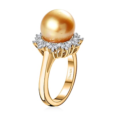 D'Joy South Sea Golden Pearl 9-11mm and Diamond 0.30 ctw Sunburst Ring in 18K Vermeil Yellow Gold Over Sterling Silver (Size 10.0)